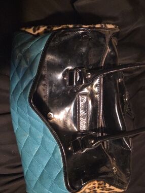 Lux de Ville Teal Quilted and Black Patent Tote with Leopard Trim